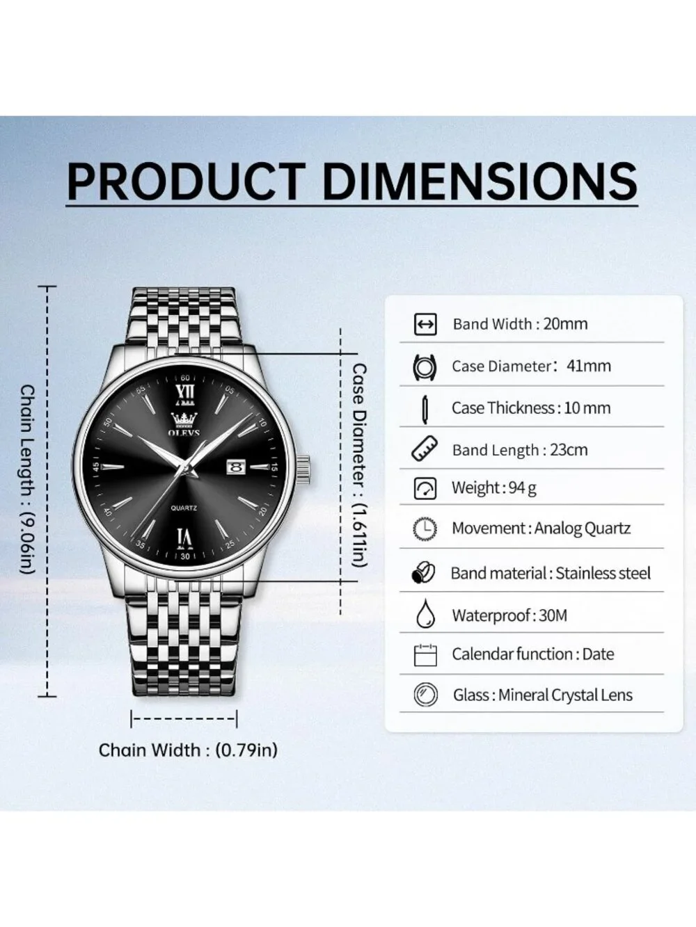 Men's Black Silver Stainless Steel Band Waterproof Roman Numbers Classic Watch